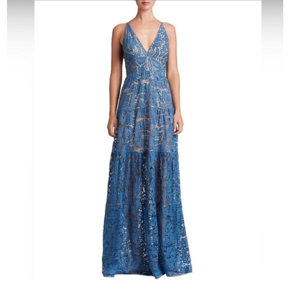 Dress The Population Melina Maxi Dress Women’s Small Lace Tiered V-neck Blue - Picture 1 of 11